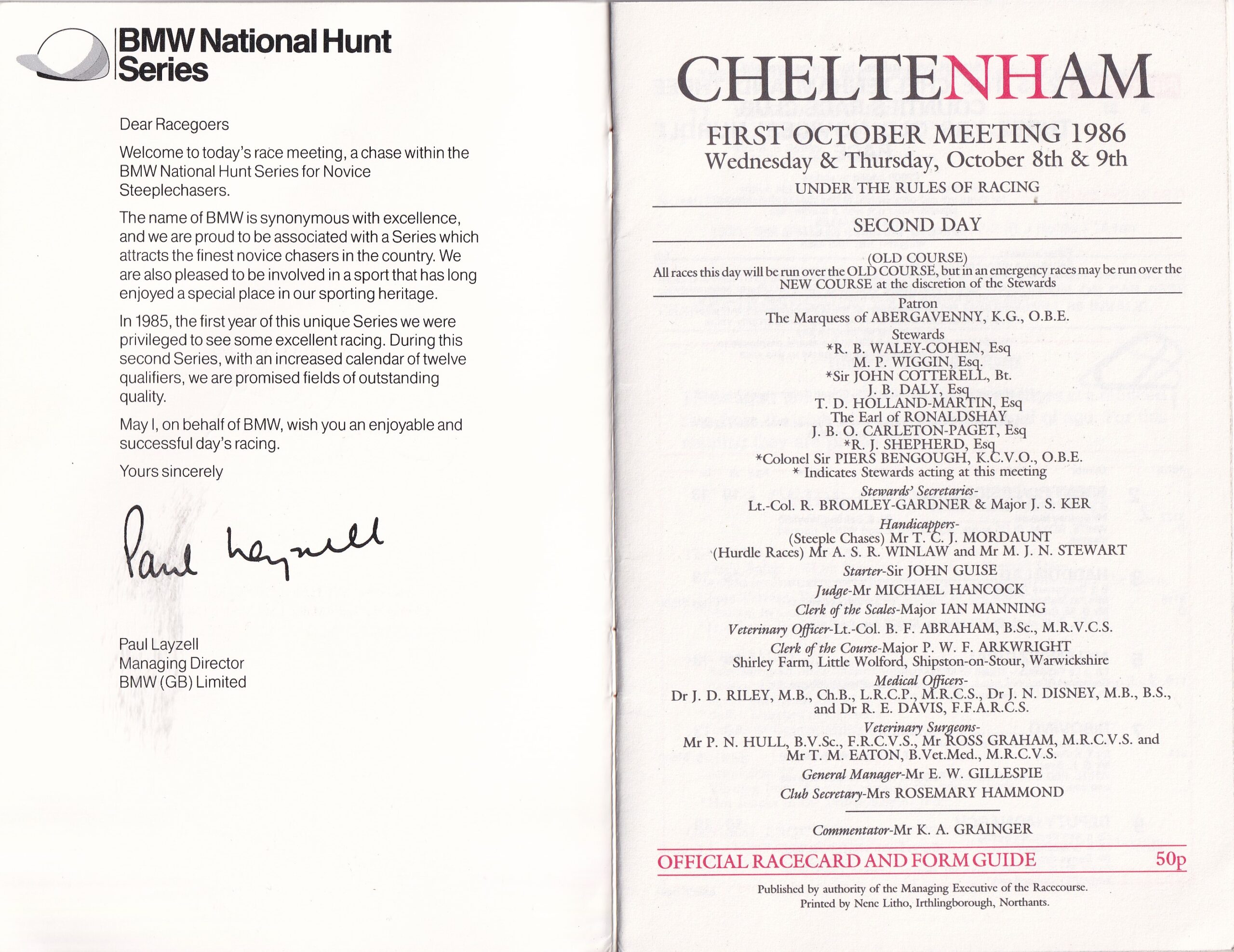 Cheltenham Thursday 9th October 1986 Racecard