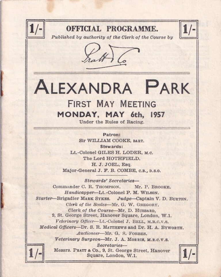 Alexandra Park First May Meeting Monday May 6th 1957 Racecard