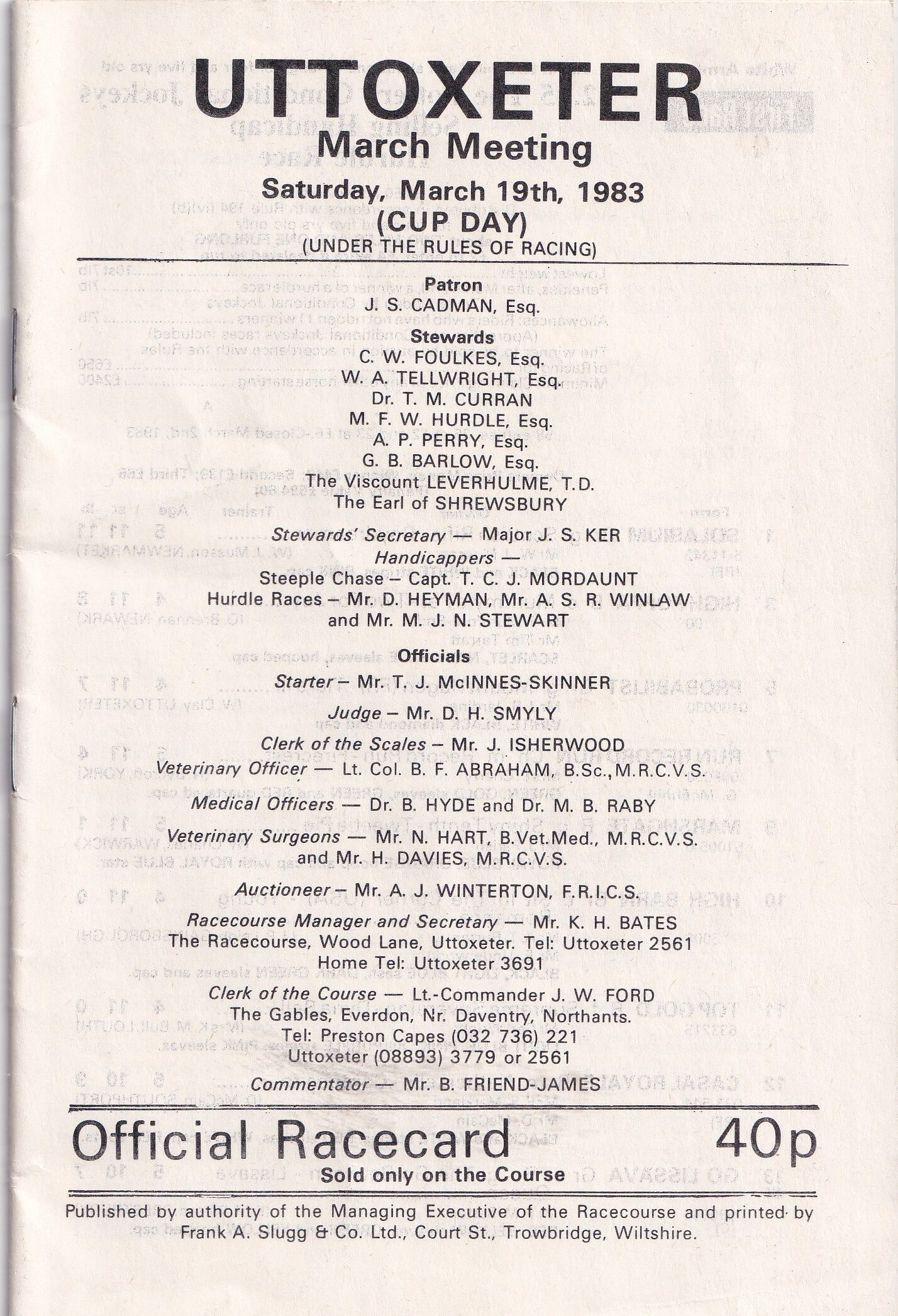 Uttoxeter Saturday March 19th 1983 (Cup Day) Racecard