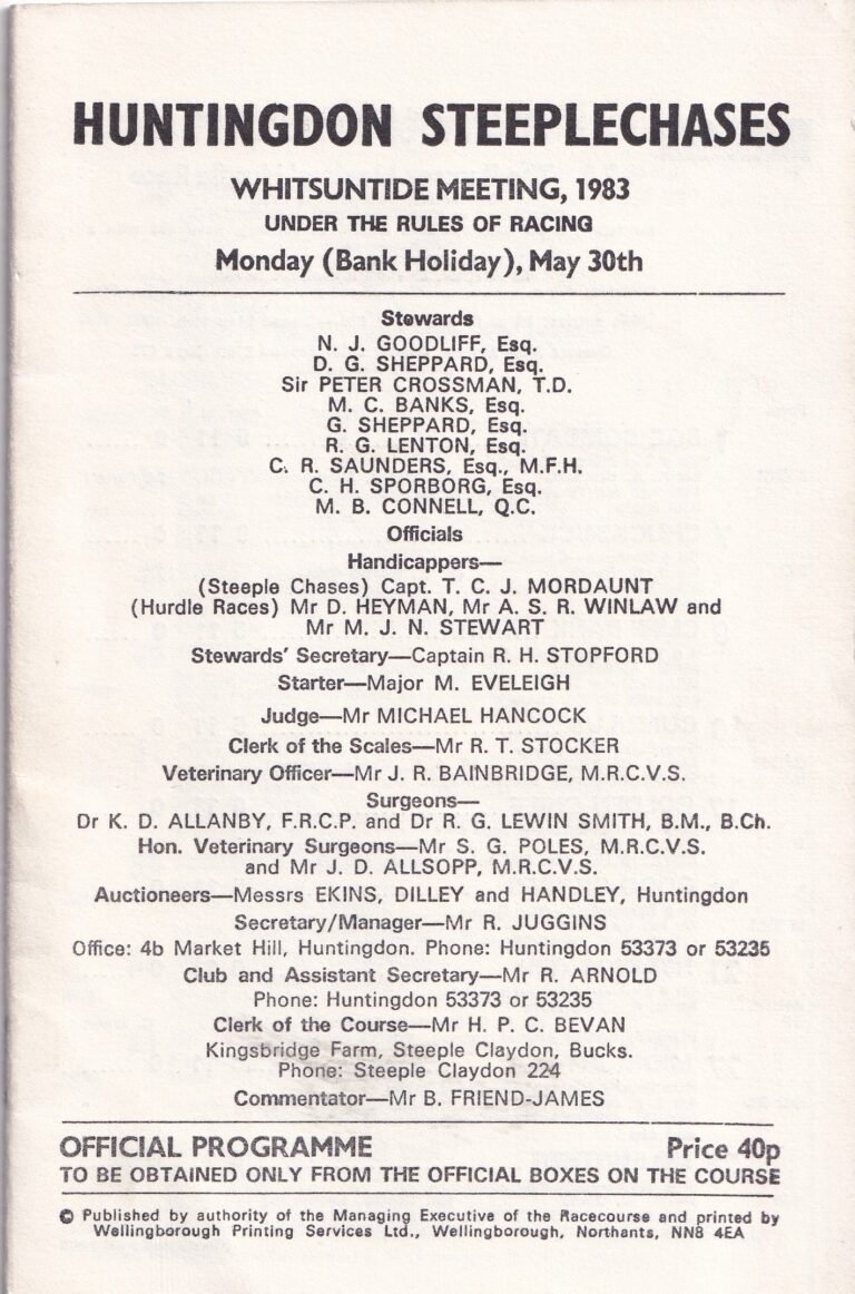 Huntingdon Steeplechases Whitsuntide Monday (Bank Holiday) May 30th 1983 Racecard