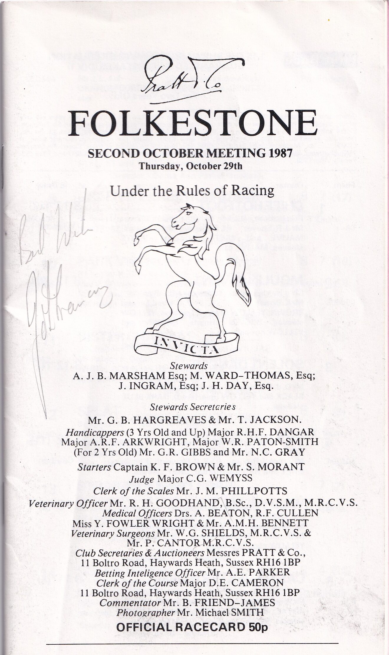 Folkestone Racecourse Thursday October 29th 1987 Racecard