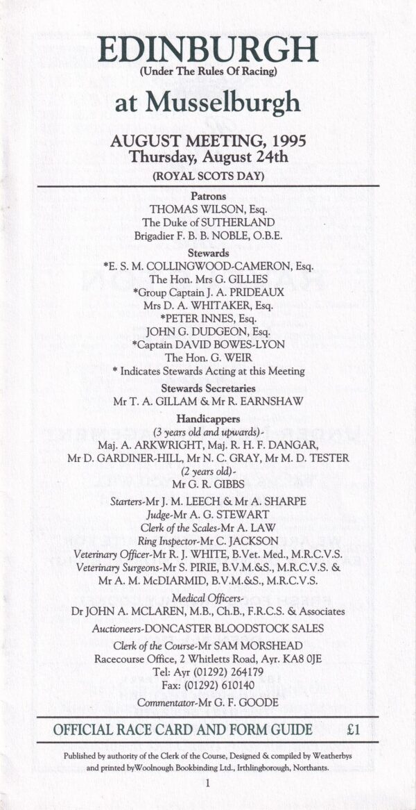 Edinburgh at Musselburgh August Meeting 1995 Thursday August 24th Racecard