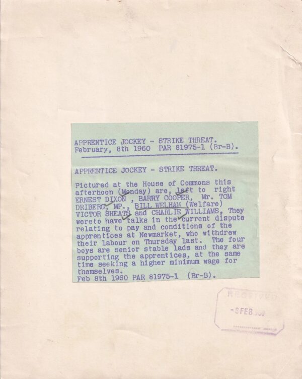 Photograph Apprentice Jockey Strike Threat February 8th 1960 Horse Racing Photo