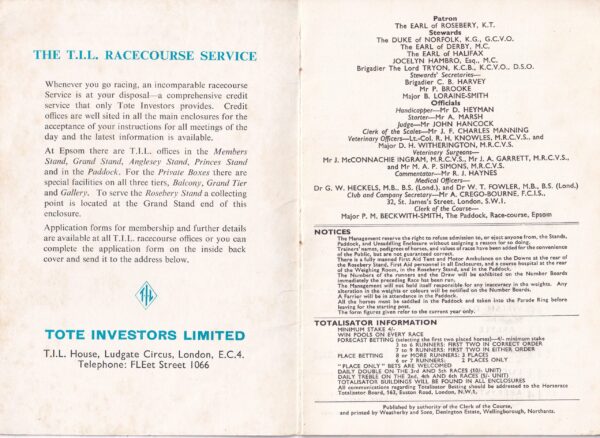 Epsom Derby Day Racecard Wednesday June 2nd 1965