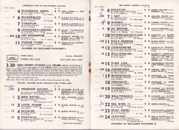 Epsom Derby Day Racecard Wednesday June 2nd 1965