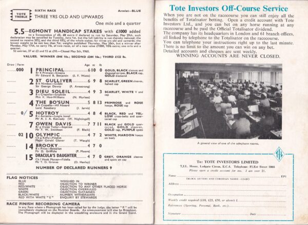 Epsom Derby Day Racecard Wednesday June 2nd 1965