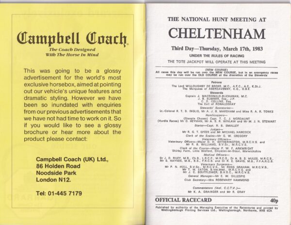 Tote Cheltenham Gold Cup Racecard Thursday March 17th 1983