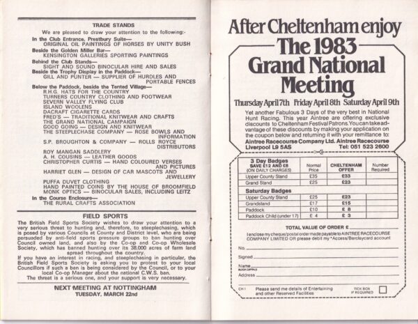 Tote Cheltenham Gold Cup Racecard Thursday March 17th 1983
