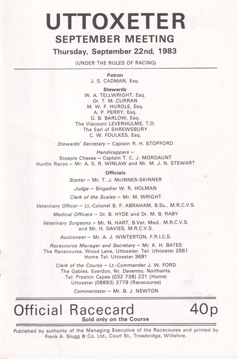 Uttoxeter Races September Meeting Thursday September 22nd 1983 Racecard
