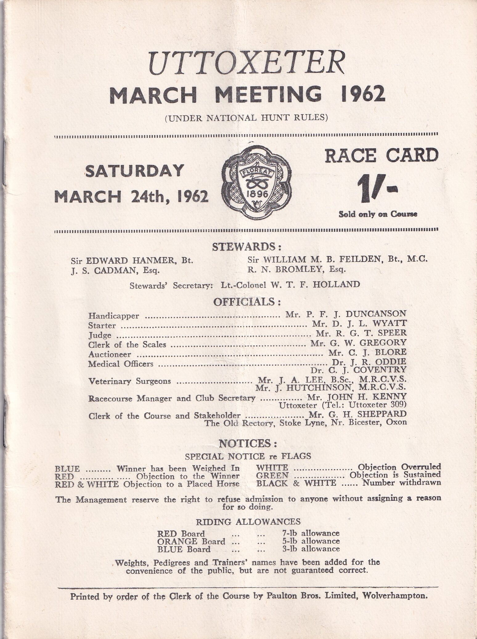 Uttoxeter March Meeting 1962 Saturday March 24th Racecard