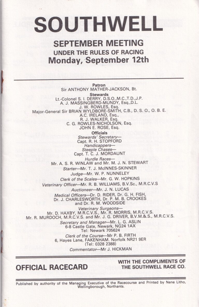 Southwell Monday September 12th 1983 Racecard