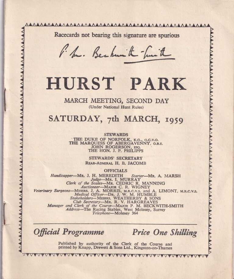 Hurst Park Racecard Saturday 7th March1959