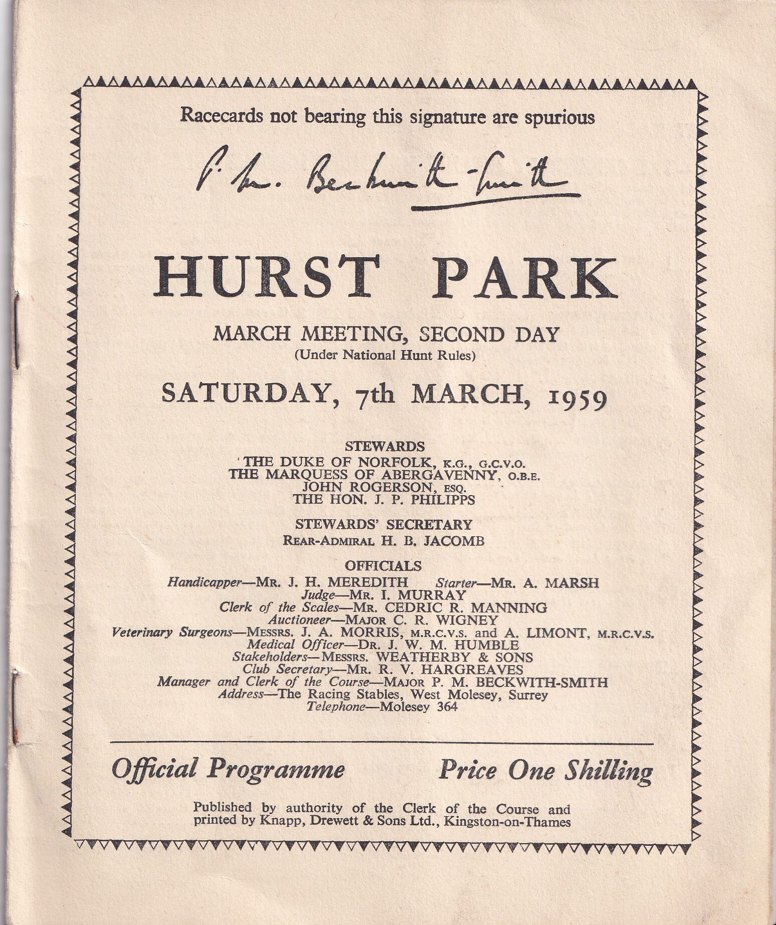 Hurst Park Racecard Saturday 7th March1959