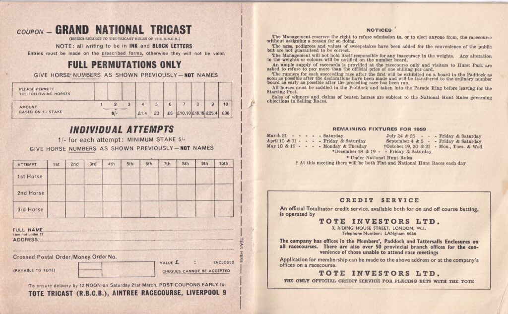 Hurst Park Racecard Saturday 7th March1959