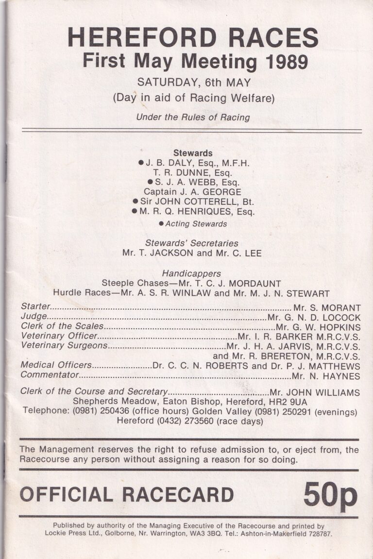 Hereford Races Saturday 6th May 1989 Racecard
