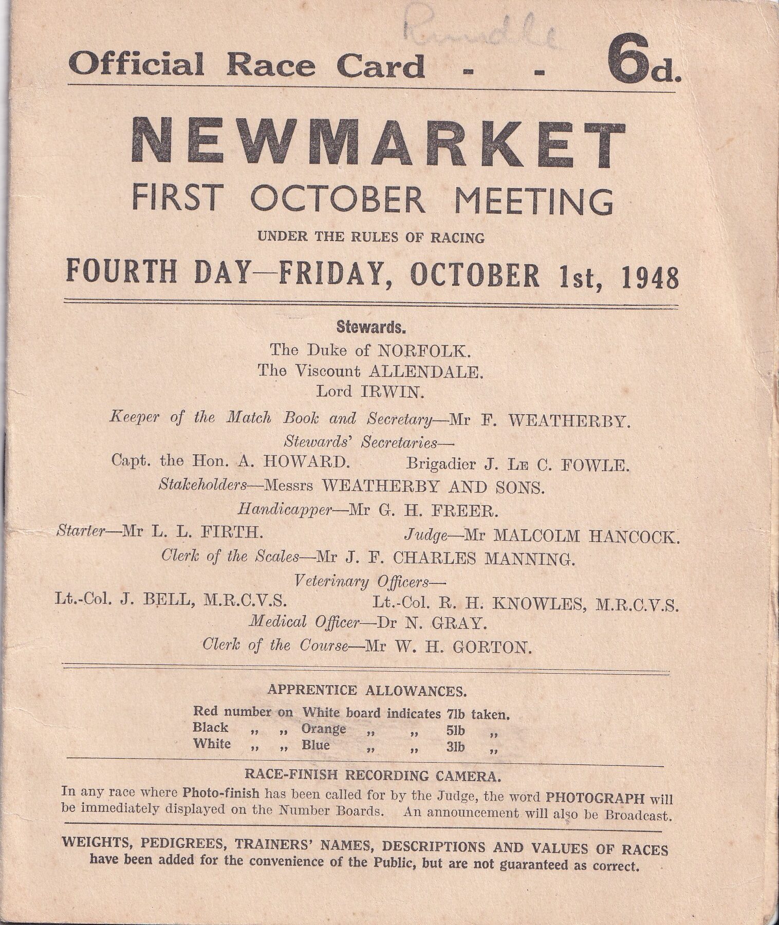 Newmarket Fourth Day Friday October 1st 1948 Racecard