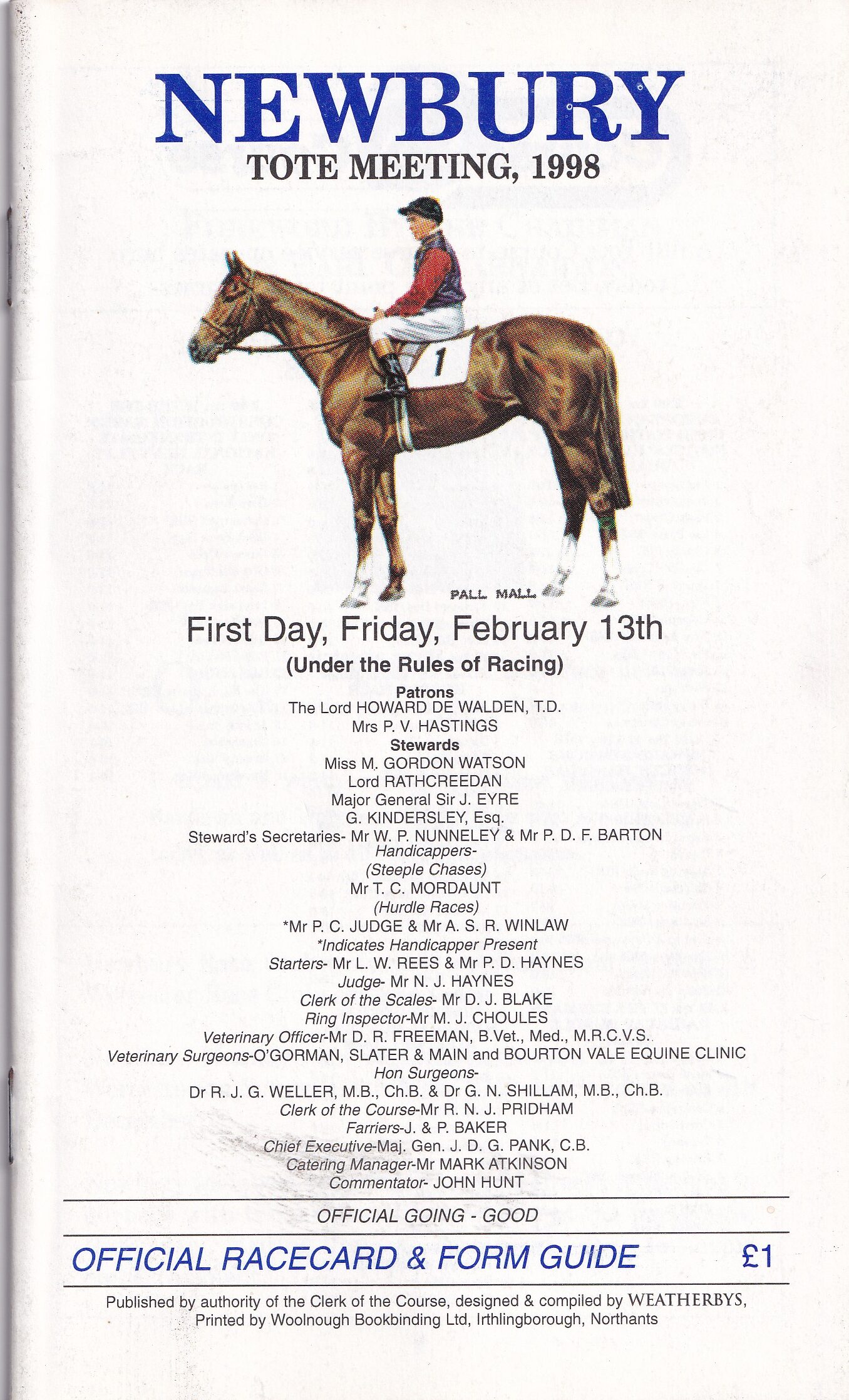 Newbury TOTE Meeting First Day Friday February 13th 1998 Racecard