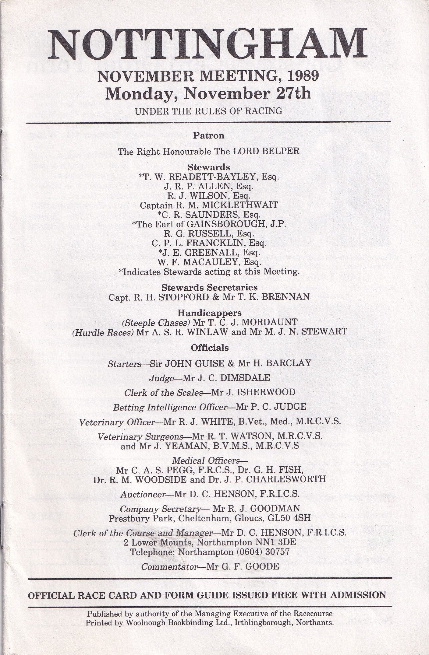 Nottingham Races Monday November 27th 1989 Racecard