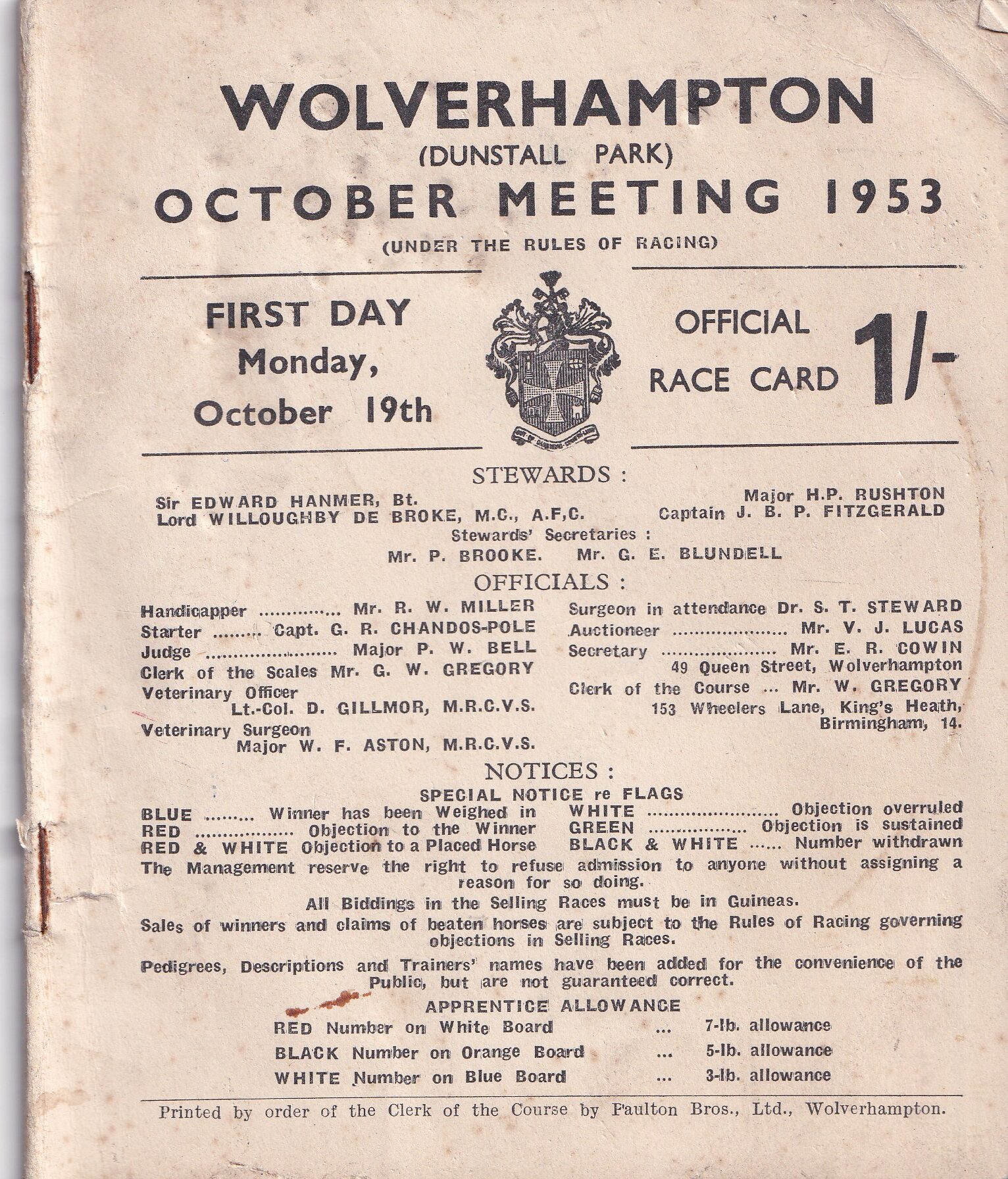 Wolverhampton (Dunstall Park) Monday 19th October Meeting Racecard