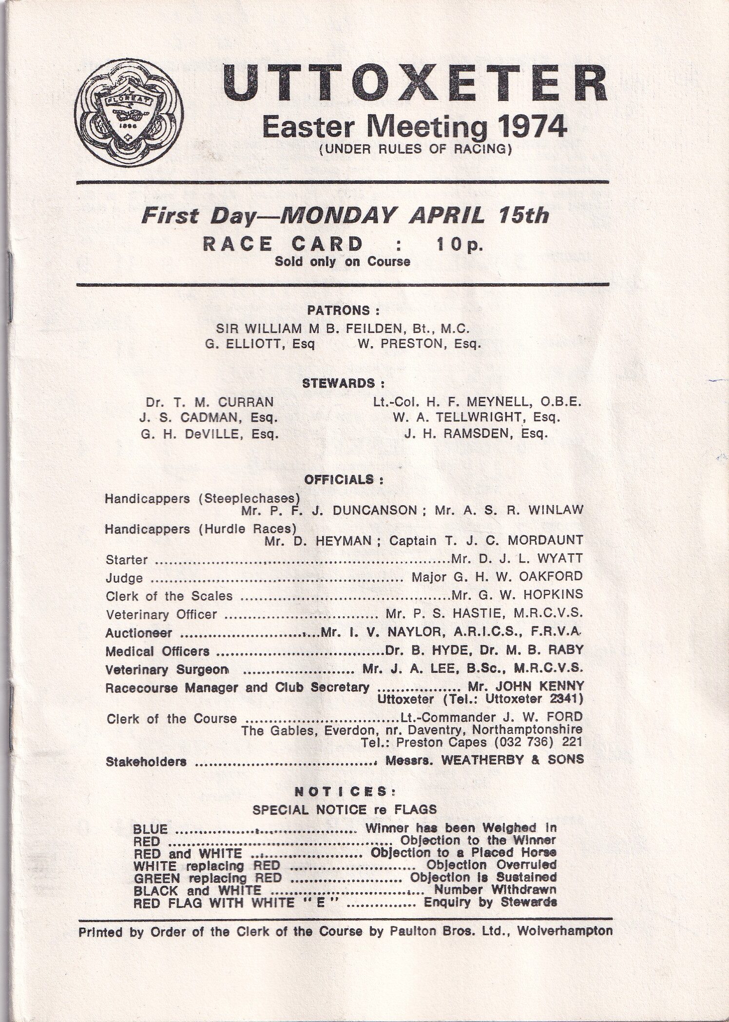 Uttoxeter Easter Meeting Monday April 15th 1974 Racecard
