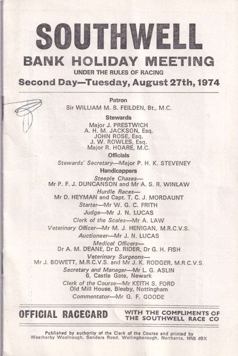 Southwell Races Tuesday August 27th 1974 Racecard